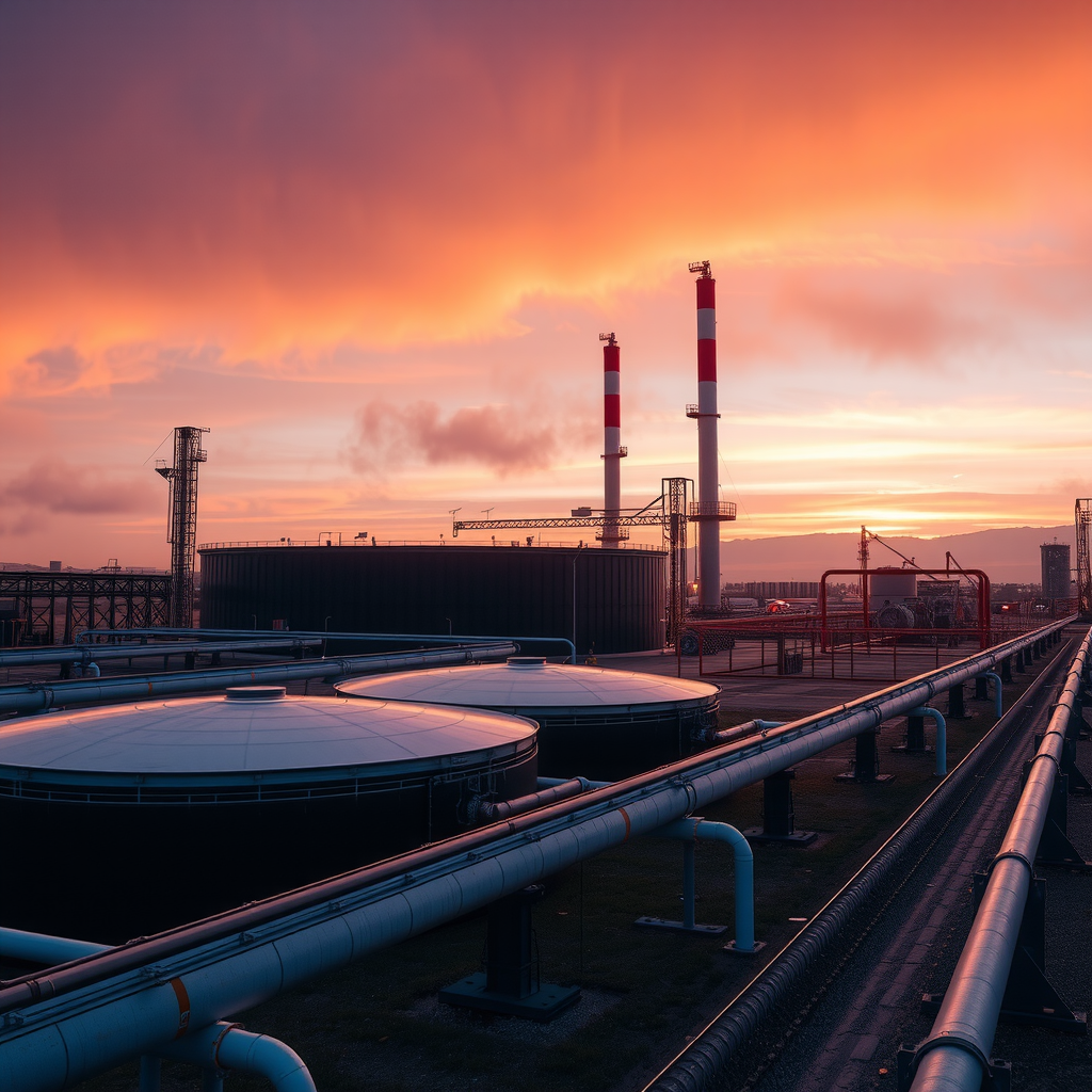 Industrial oil facility with storage tanks and pipelines at sunset, representing the comprehensive knowledge base of petroleum industry education