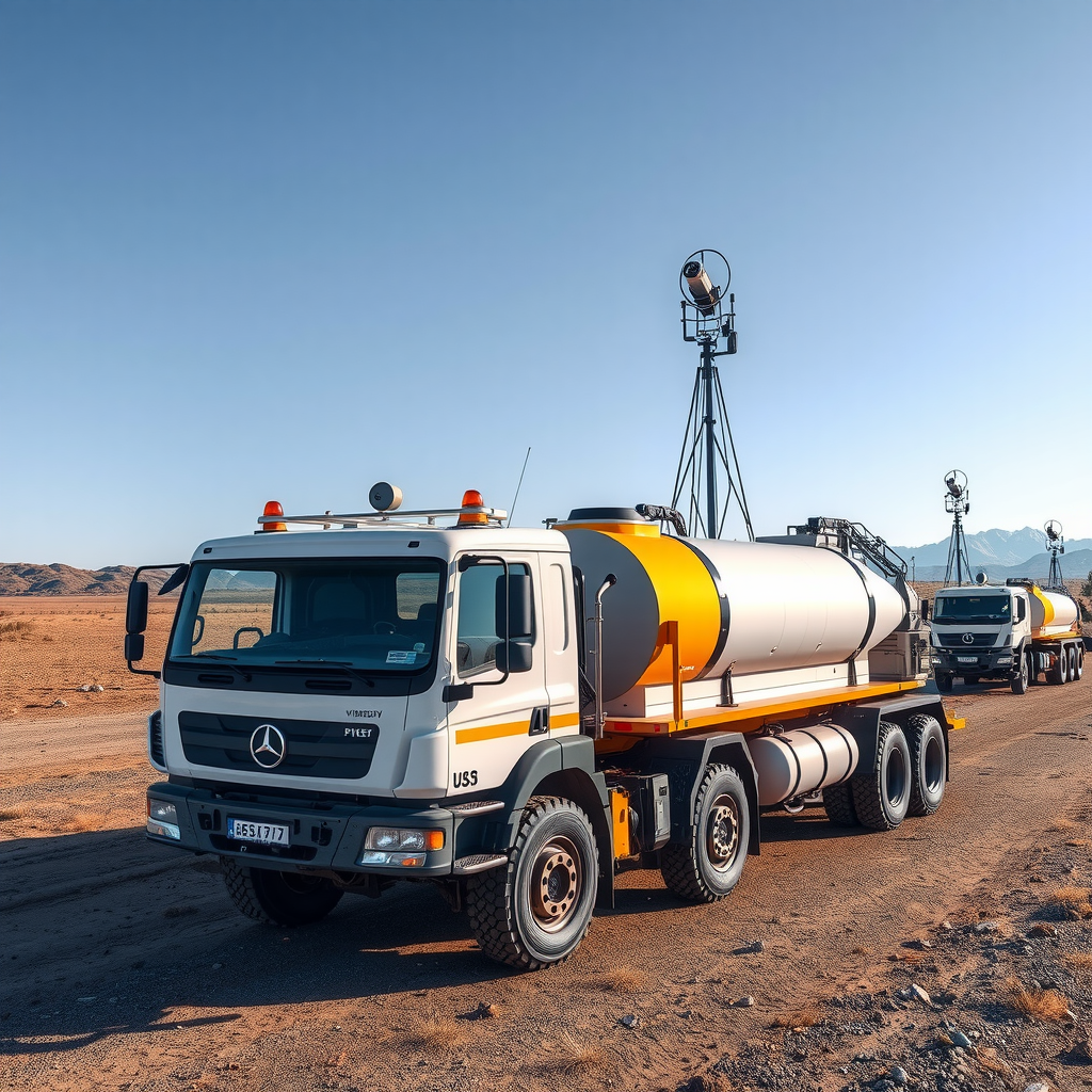 Современное оборудование для сейсмической разведки на нефтяном месторождении в Казахстане, включая вибросейсмические установки и геофоны, расположенные на открытой местности под ясным небом