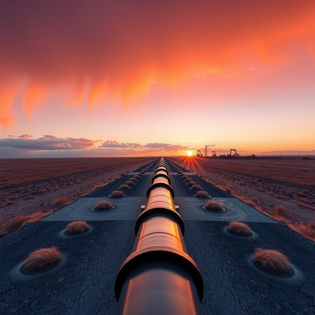 Современный магистральный нефтепровод, протянувшийся через бескрайние степи Казахстана на закате, с насосными станциями на горизонте и системой мониторинга