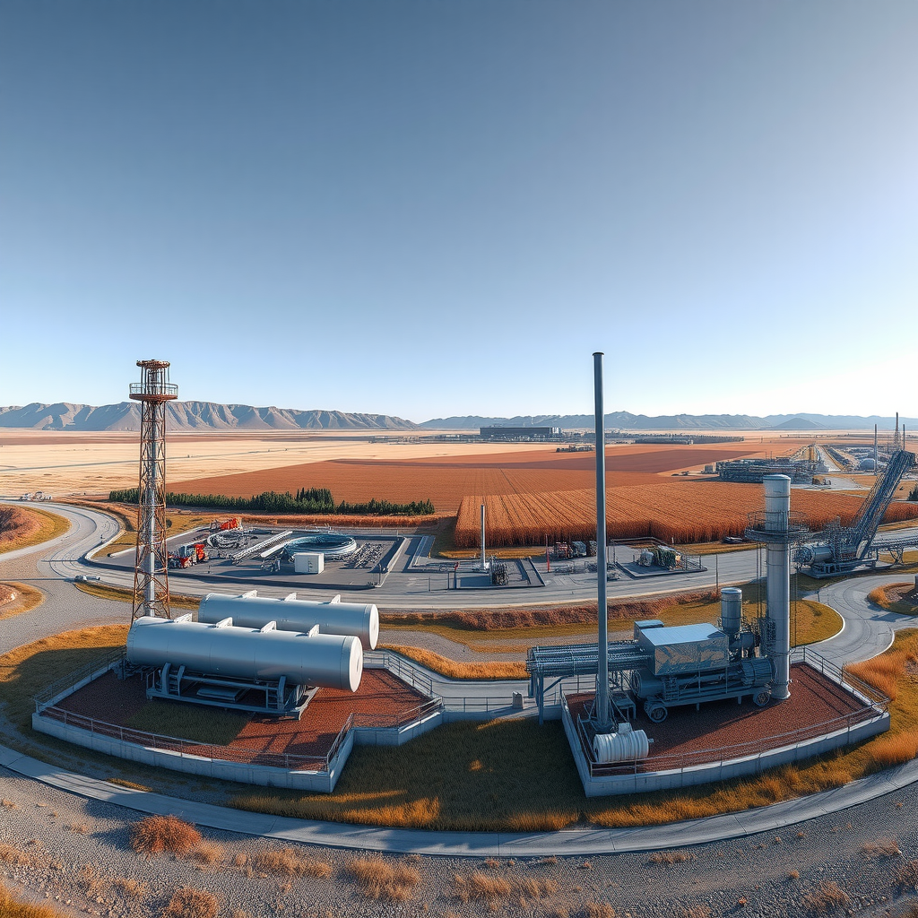Панорамный вид зрелого нефтяного месторождения в Казахстане с современными установками повышения нефтеотдачи, включая водонагнетательные скважины, паровые генераторы и системы химического заводнения на фоне степного ландшафта