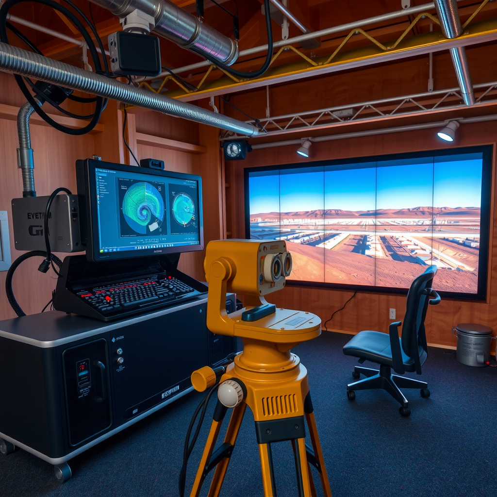 Detailed visualization of seismic survey equipment in action at an oil exploration site, showing sound wave propagation through underground rock layers, with 3D imaging technology displays and geological mapping equipment at Kazakhstan's Caspian Basin facility