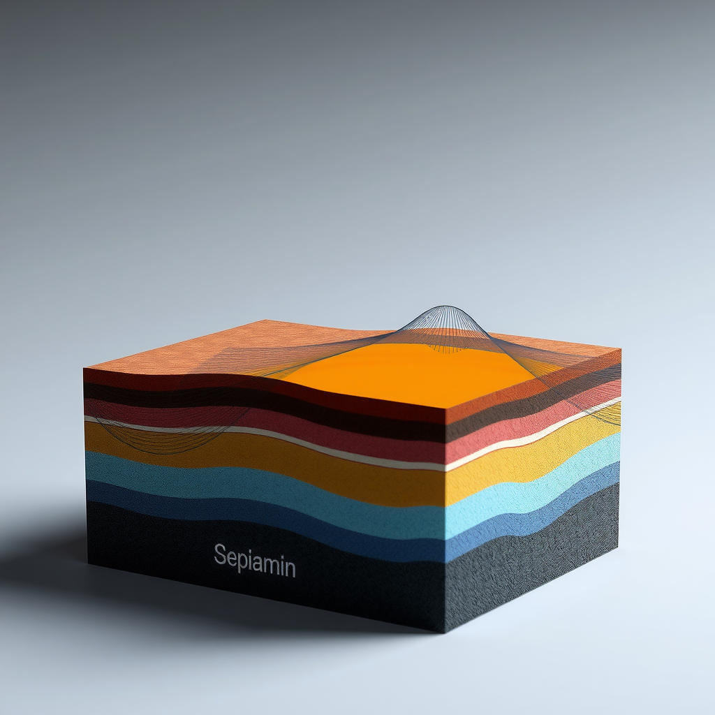 Схематическая диаграмма, показывающая распространение сейсмических волн через различные геологические слои, с визуализацией отражения волн от границ между породами разной плотности