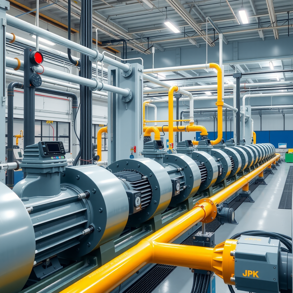 Современная насосная станция нефтепровода с рядами центробежных насосов, системой трубопроводов, контрольно-измерительными приборами и операторской в промышленном здании