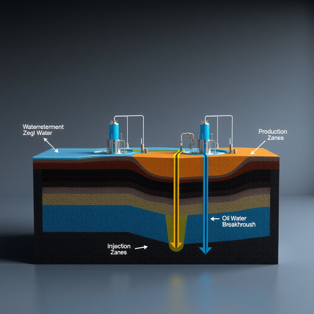 Техническая схема системы заводнения нефтяного пласта, показывающая расположение нагнетательных и добывающих скважин, направление движения воды через пористую породу, вытеснение нефти и зоны обводнения