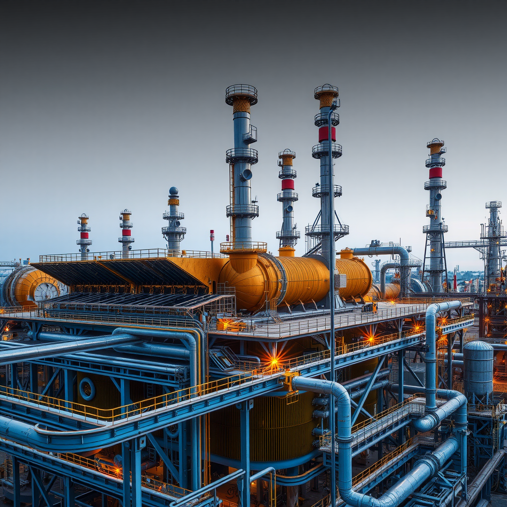 Нефтеперерабатывающий завод с комплексной инфраструктурой, демонстрирующий процессы переработки и производства нефтепродуктов