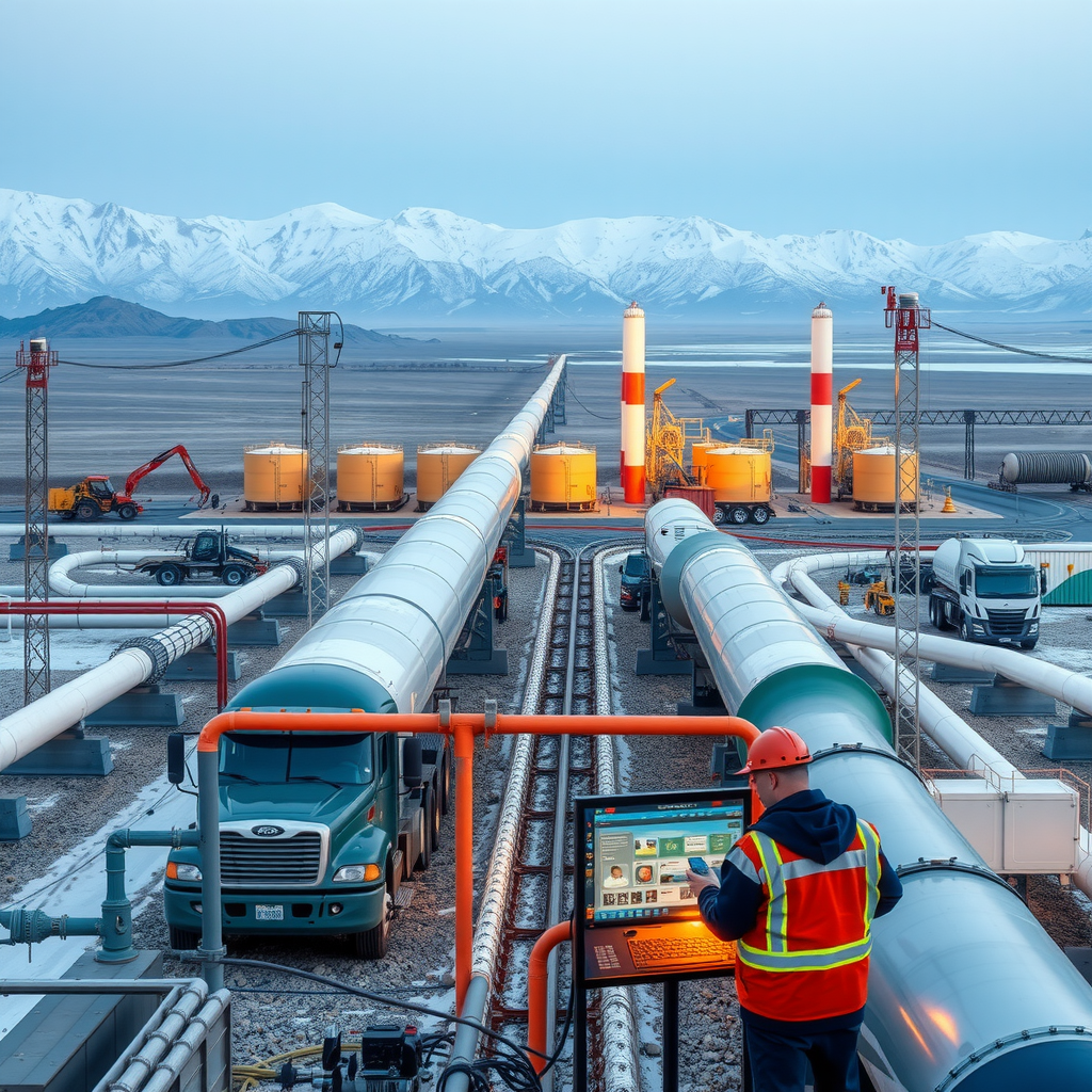 Comprehensive view of oil transportation infrastructure showing pipelines, tanker trucks, storage terminals and quality control facilities across Kazakhstan's vast landscape, with workers monitoring viscosity and safety systems in extreme temperature conditions