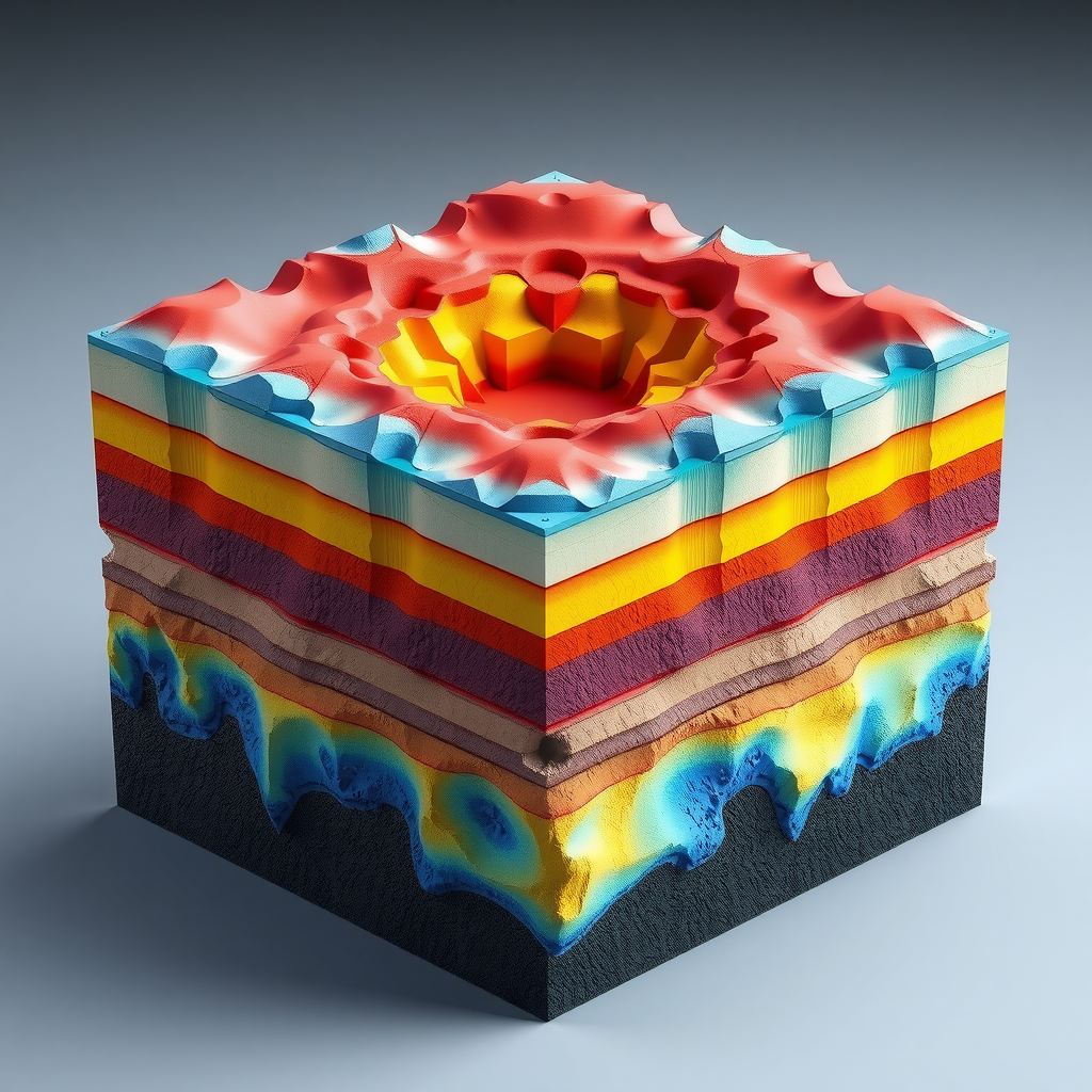 Трехмерная визуализация результатов 3D сейсмической разведки, показывающая сложную структуру подземных геологических формаций с различными цветовыми слоями, представляющими разные типы пород