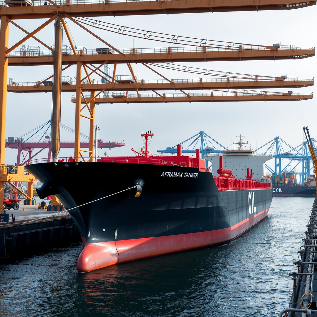 Крупный нефтяной танкер класса Aframax у причала морского терминала, процесс погрузки нефти через береговые рукава, портовые краны и инфраструктура на фоне
