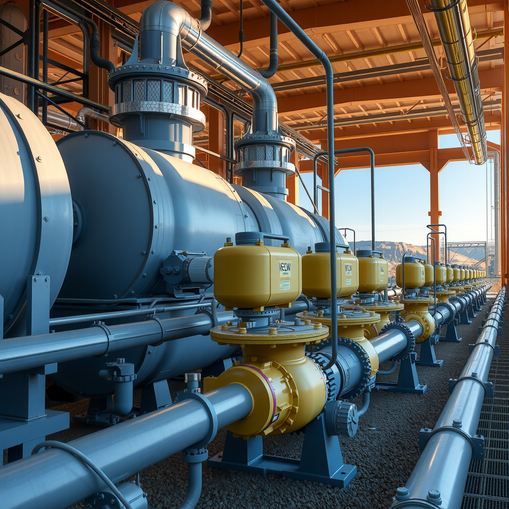 Промышленная паротепловая установка на нефтяном месторождении с массивными парогенераторами, системой трубопроводов высокого давления, изолированными паропроводами и контрольно-измерительным оборудованием в условиях казахстанской степи