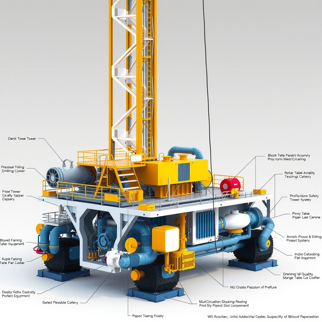 Detailed technical illustration of a modern drilling rig showing the derrick tower, drawworks machinery, rotary table mechanism, mud circulation system pipes, and blowout preventer safety equipment, with labeled components and engineering diagrams for educational purposes