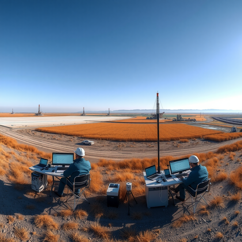 Панорамный вид на нефтяное месторождение в Прикаспийском бассейне Казахстана с сейсмическим оборудованием, буровыми вышками на горизонте и геологами, анализирующими данные на полевой станции