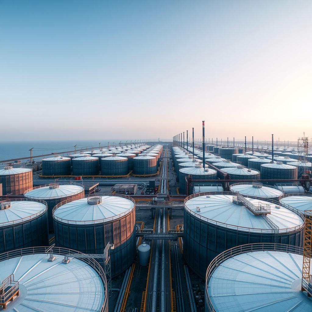Панорамный вид на резервуарный парк нефтяного терминала с рядами больших цилиндрических резервуаров с плавающими крышами, системой трубопроводов, насосными станциями и контрольными вышками
