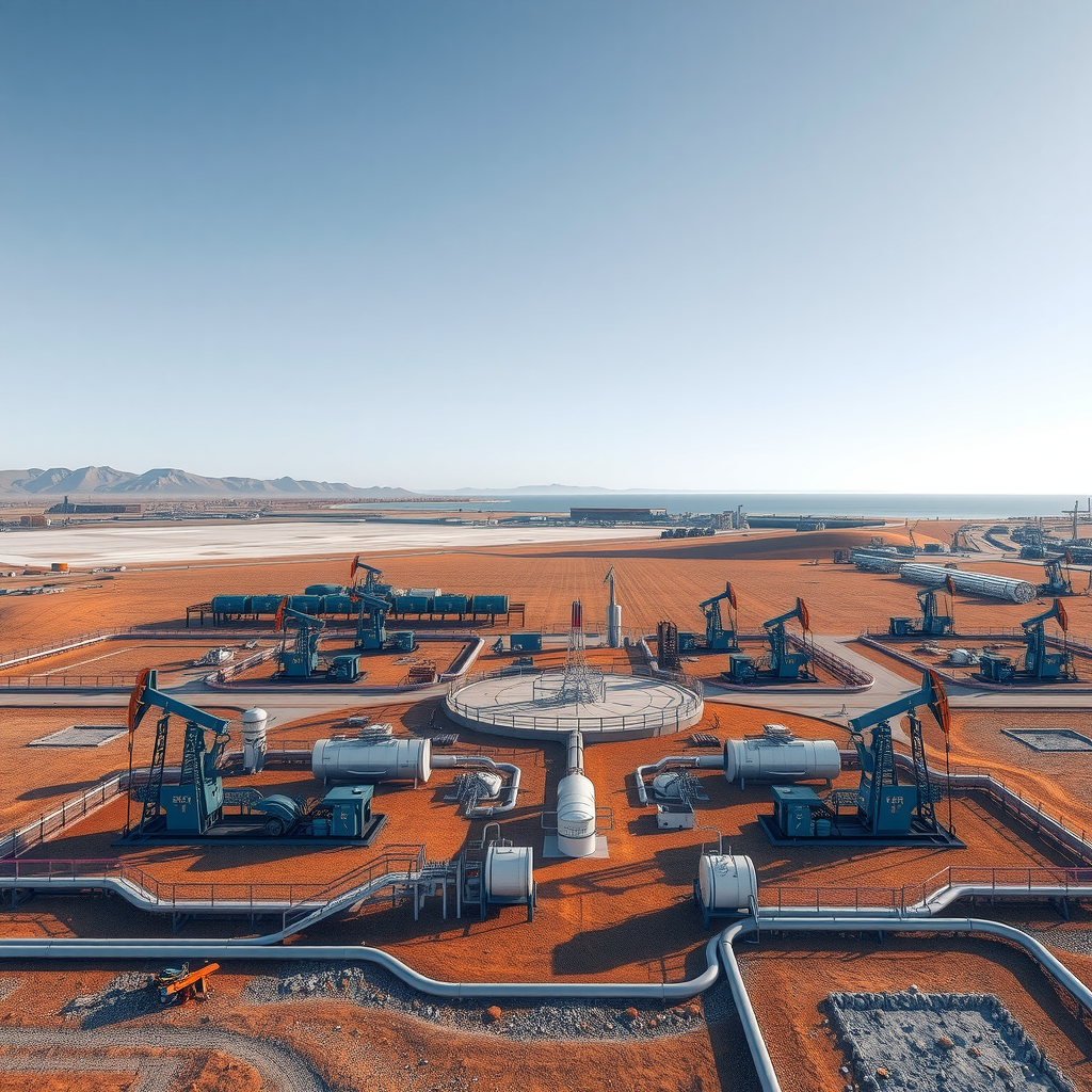Зрелое нефтяное месторождение в Мангистауской области Казахстана с многочисленными станками-качалками, системой трубопроводов, установками подготовки нефти и современными технологиями ПНП на фоне пустынного ландшафта и Каспийского моря вдали