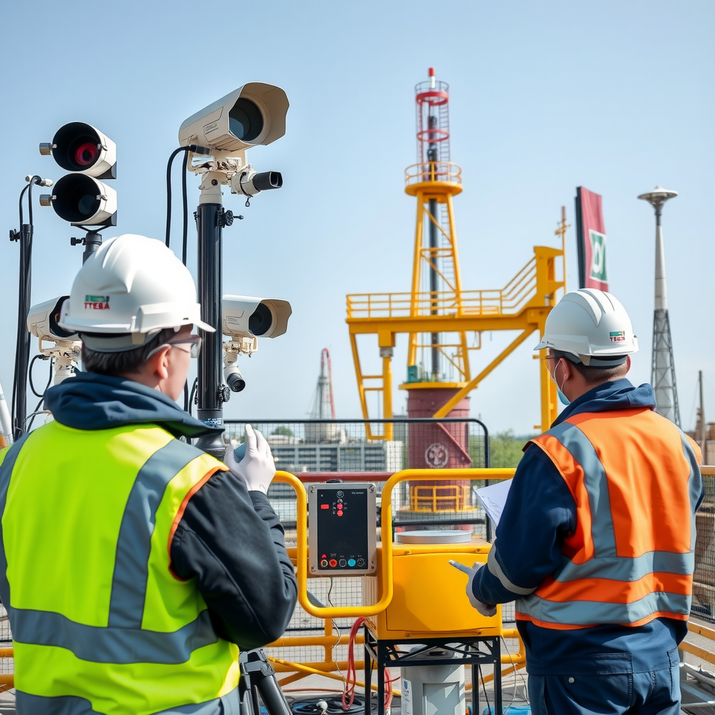 Comprehensive environmental monitoring station at an oil production facility showing air quality sensors, water testing equipment, soil analysis tools, wildlife observation cameras, emission control technology, and waste management systems at Kazakhstan's shipyard-based oil operations with technicians conducting environmental assessments