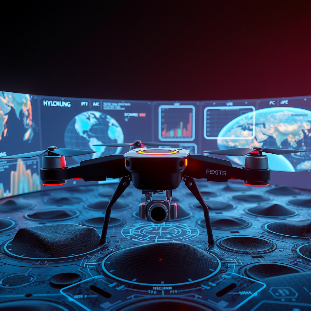 Футуристическая концепция сейсмической разведки с использованием дронов, автономных роботов, голографических дисплеев и систем искусственного интеллекта для анализа геологических данных в реальном времени