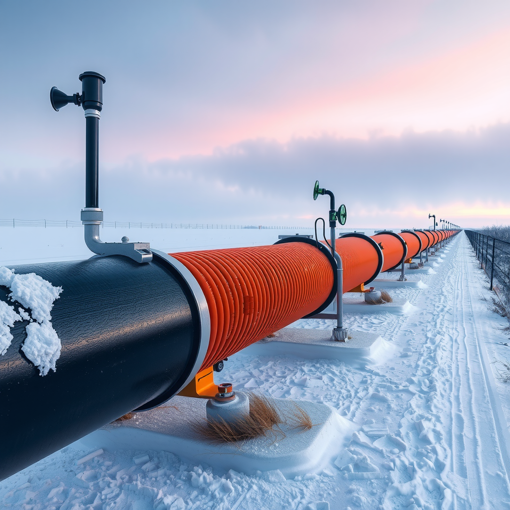 Участок нефтепровода с системой электрического обогрева и теплоизоляцией в зимних условиях, снежный пейзаж, техническое оборудование для поддержания температуры, контрольные датчики