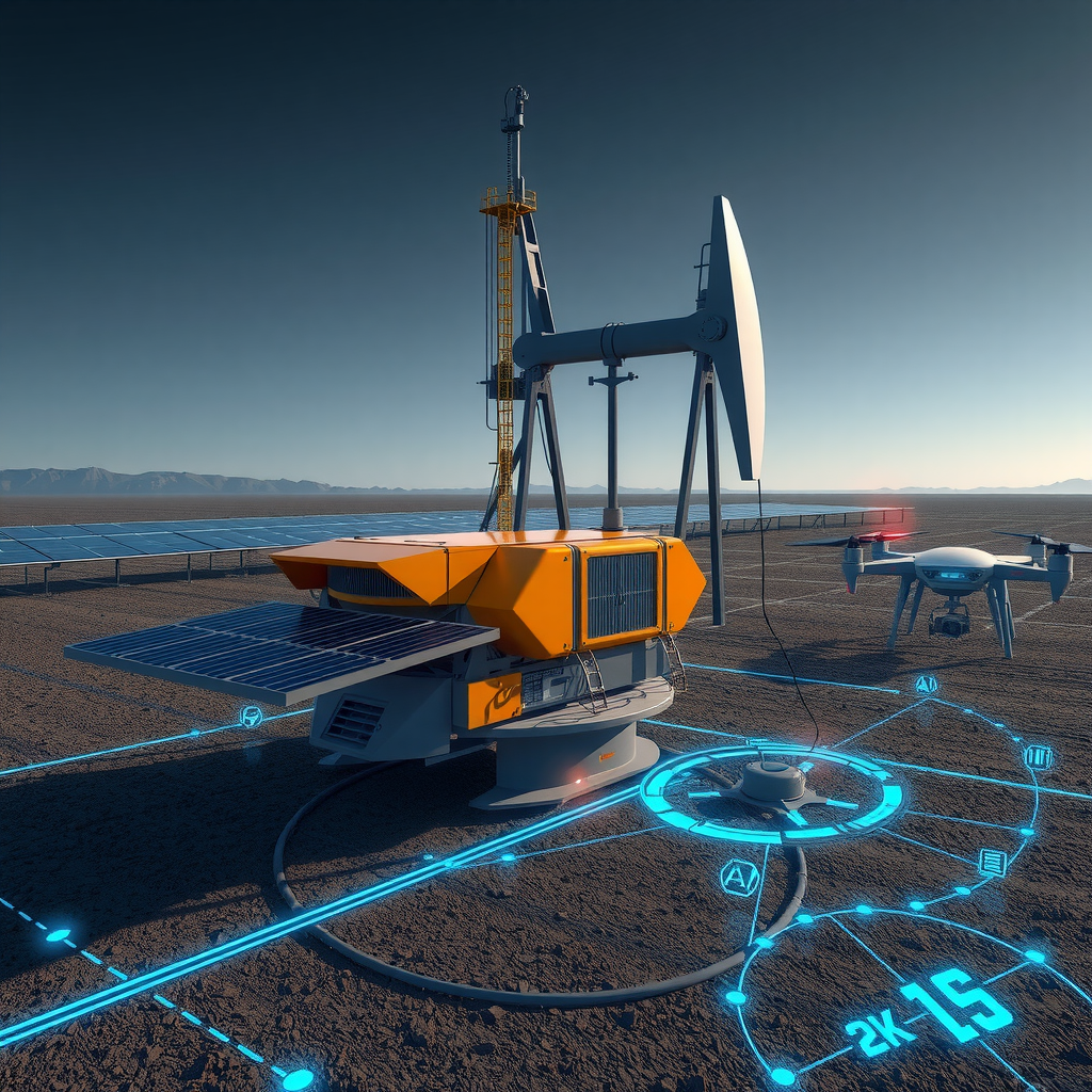 Футуристическая концепция нефтедобычи будущего с автоматизированными роботизированными установками, системами искусственного интеллекта для управления процессами ПНП, дронами для мониторинга месторождения, солнечными панелями для энергоснабжения и цифровыми голограммами данных о пласте