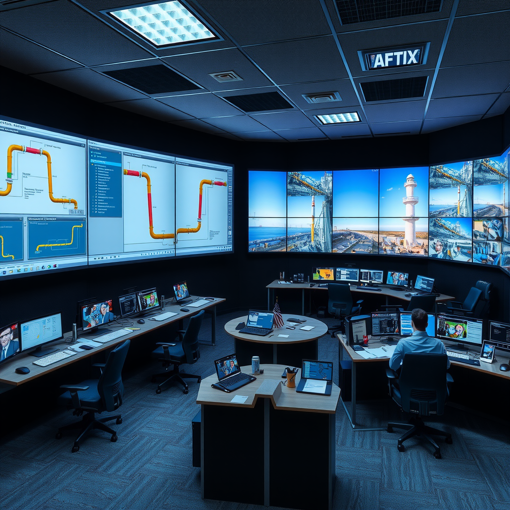 Современный диспетчерский центр управления нефтепроводом с большими мониторами, отображающими схему трубопровода, операторы за рабочими станциями, системы видеонаблюдения и мониторинга